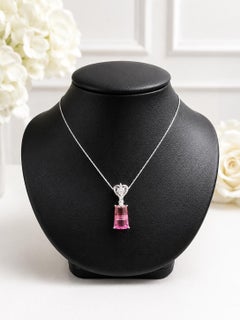White Gold 3.32ctw Trapezoid Grooved Pink Tourmaline Diamond Pendant Necklace