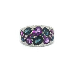 White Gold 3.34ctw Amethyst Sapphire & Diamond Wide Mosaic Design Band Ring