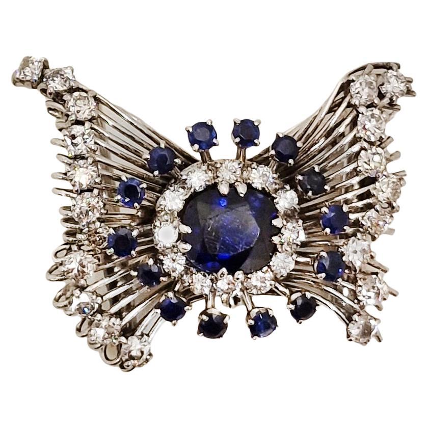 White Gold 3.3ct Diamonds and Blue Sapphires Butterfly Brooch