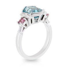White Gold 3.90ct Hexagonal Cut Blue Zircon with Pink Spinels and Diamonds Ring