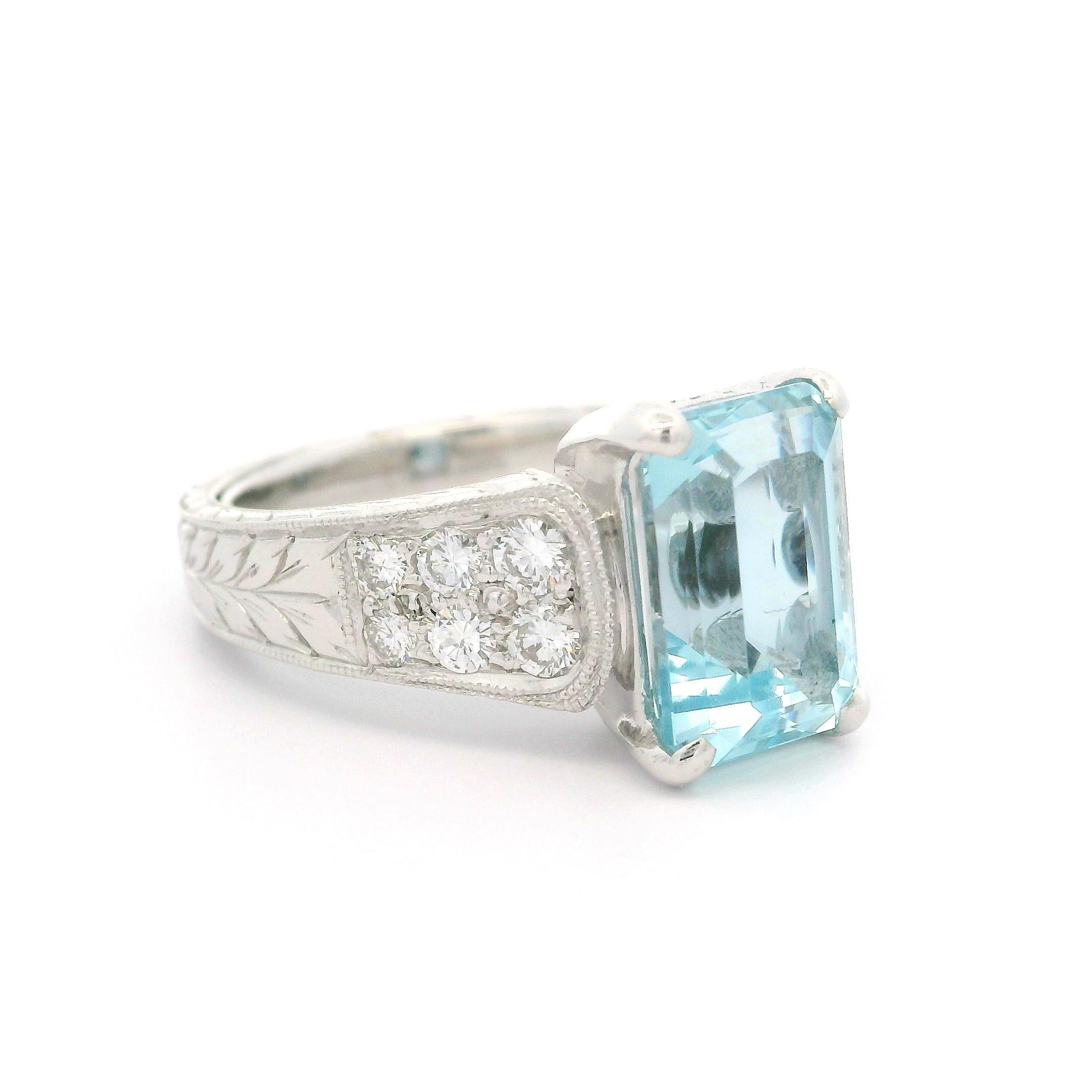 Weißgold 3,99 Karat Aquamarin & Diamant Weizen gravierter Milgrain Work Ring im Angebot 5