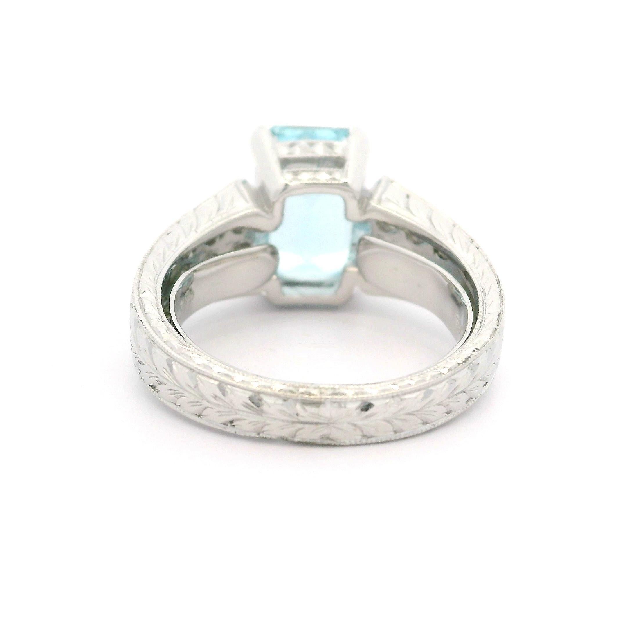 Weißgold 3,99 Karat Aquamarin & Diamant Weizen gravierter Milgrain Work Ring im Angebot 7