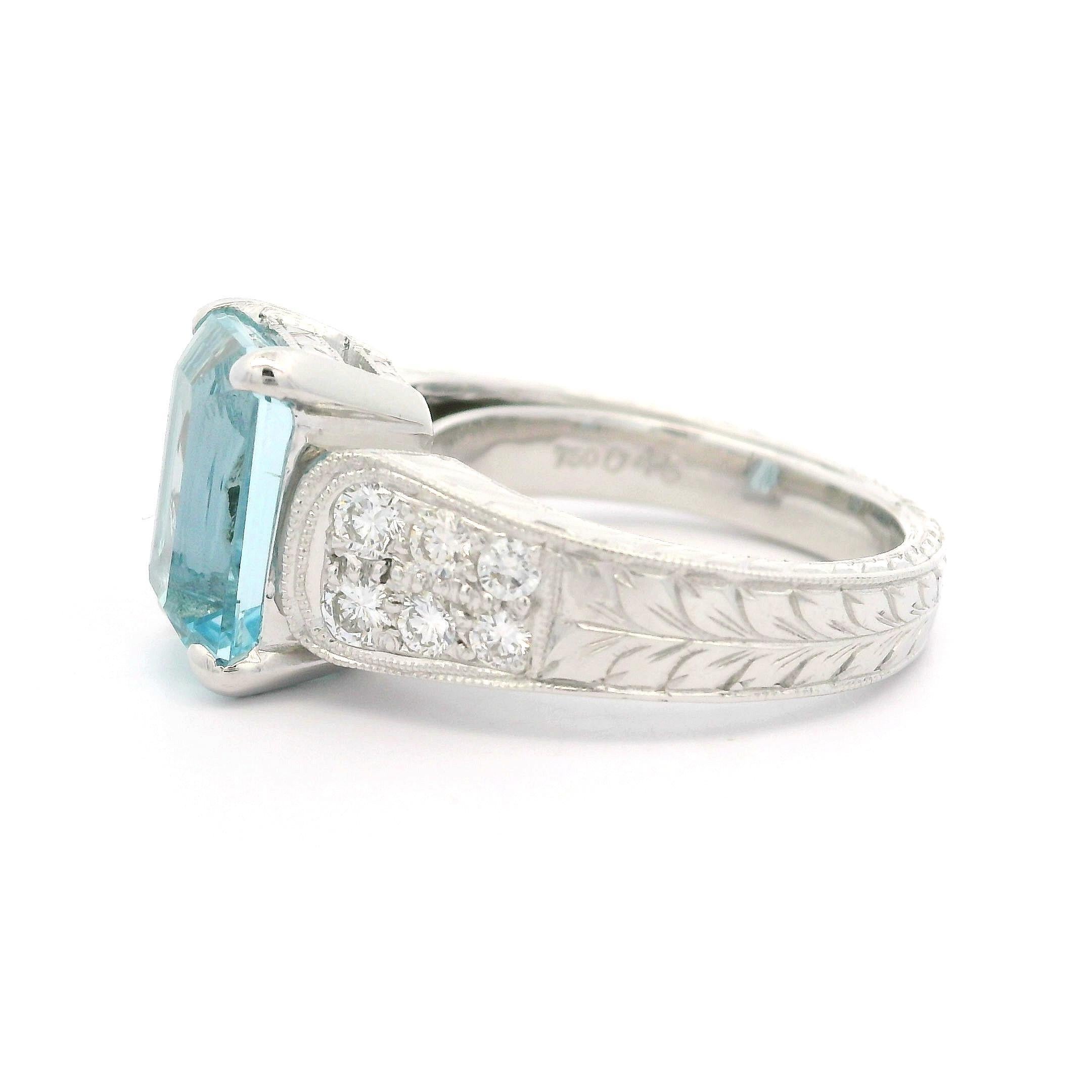 Weißgold 3,99 Karat Aquamarin & Diamant Weizen gravierter Milgrain Work Ring im Angebot 8