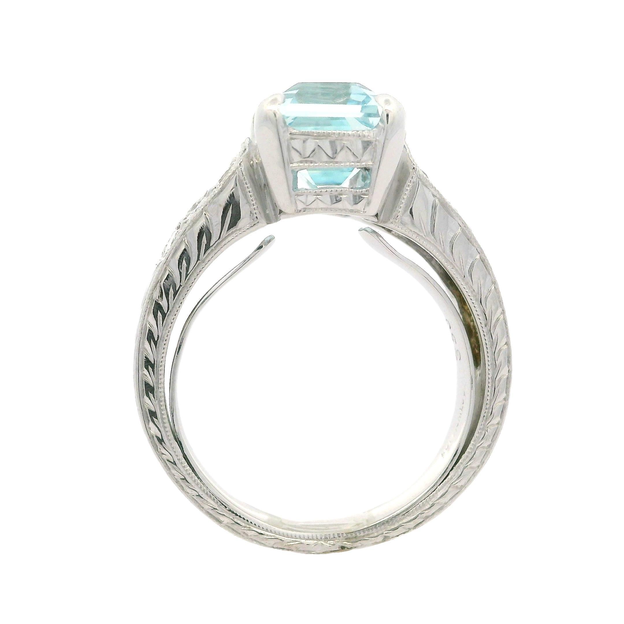 Weißgold 3,99 Karat Aquamarin & Diamant Weizen gravierter Milgrain Work Ring im Angebot 9