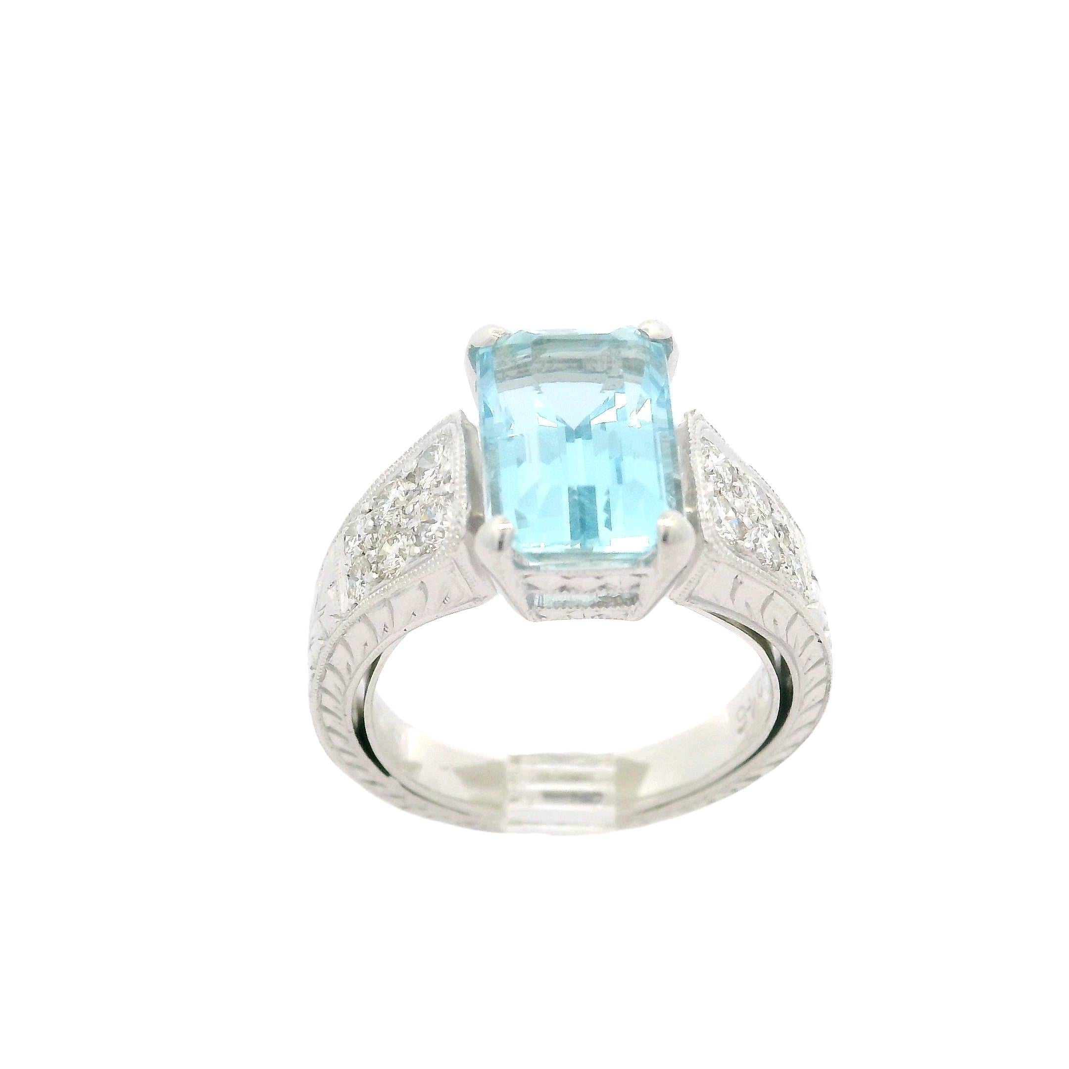 Weißgold 3,99 Karat Aquamarin & Diamant Weizen gravierter Milgrain Work Ring im Angebot 10