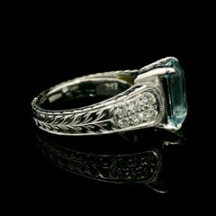 White Gold 3.99ctw Aquamarine & Diamond Wheat Engraved Milgrain Work Ring