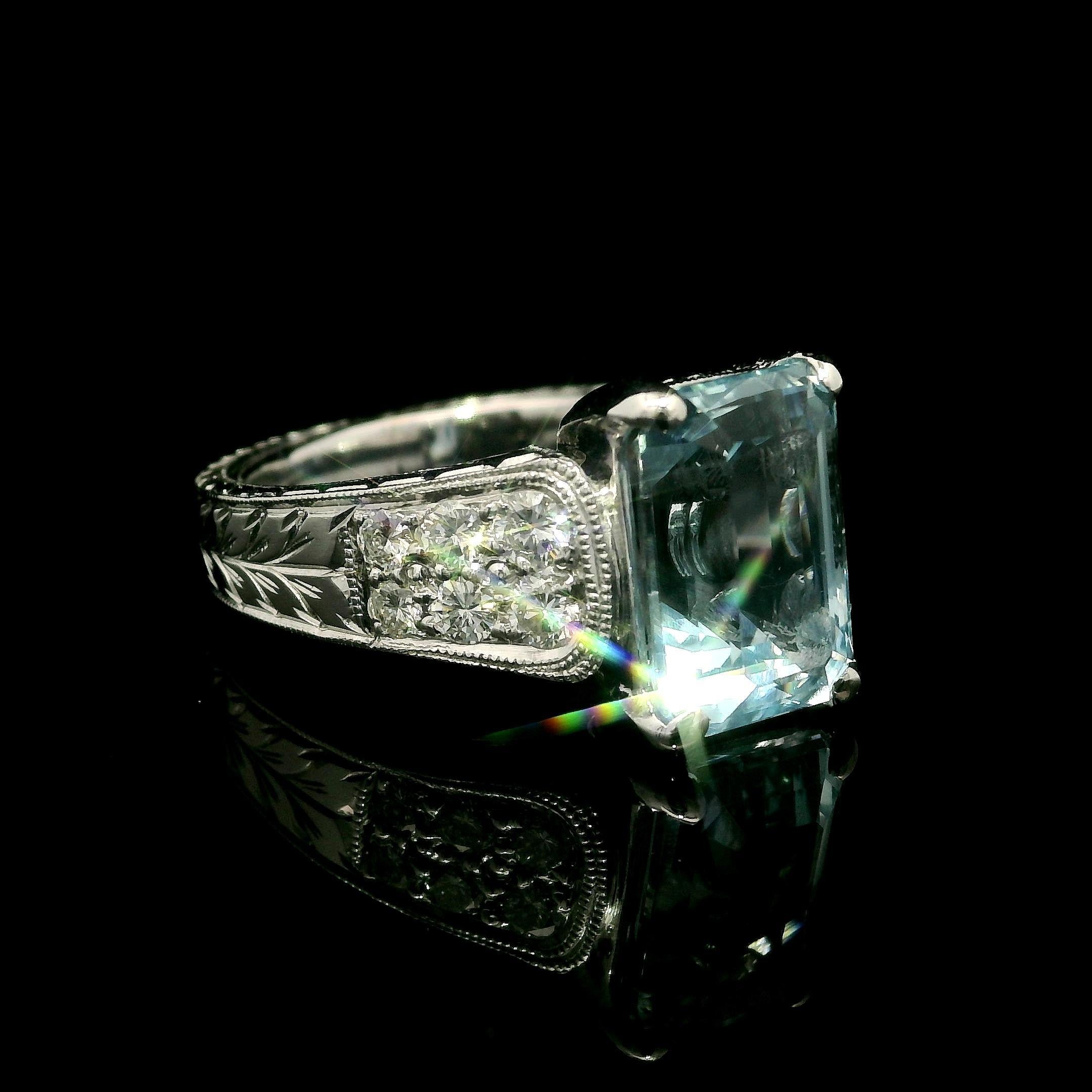 Weißgold 3,99 Karat Aquamarin & Diamant Weizen gravierter Milgrain Work Ring im Zustand „Hervorragend“ im Angebot in Montclair, NJ