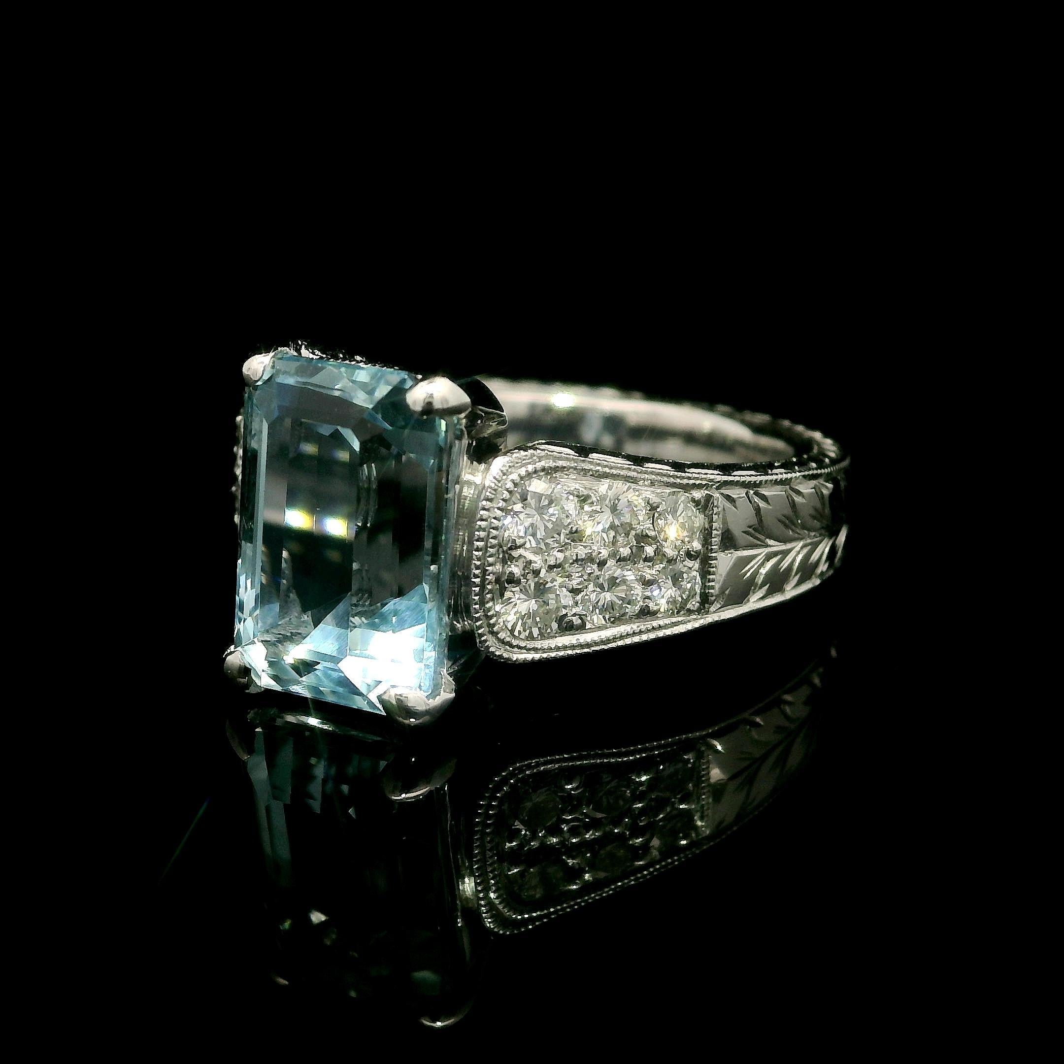 Weißgold 3,99 Karat Aquamarin & Diamant Weizen gravierter Milgrain Work Ring Damen im Angebot