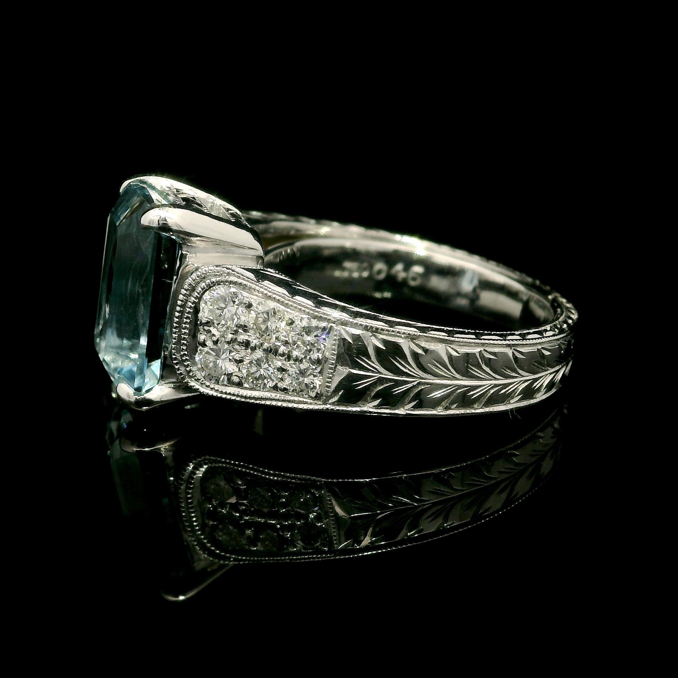 Weißgold 3,99 Karat Aquamarin & Diamant Weizen gravierter Milgrain Work Ring im Angebot 1