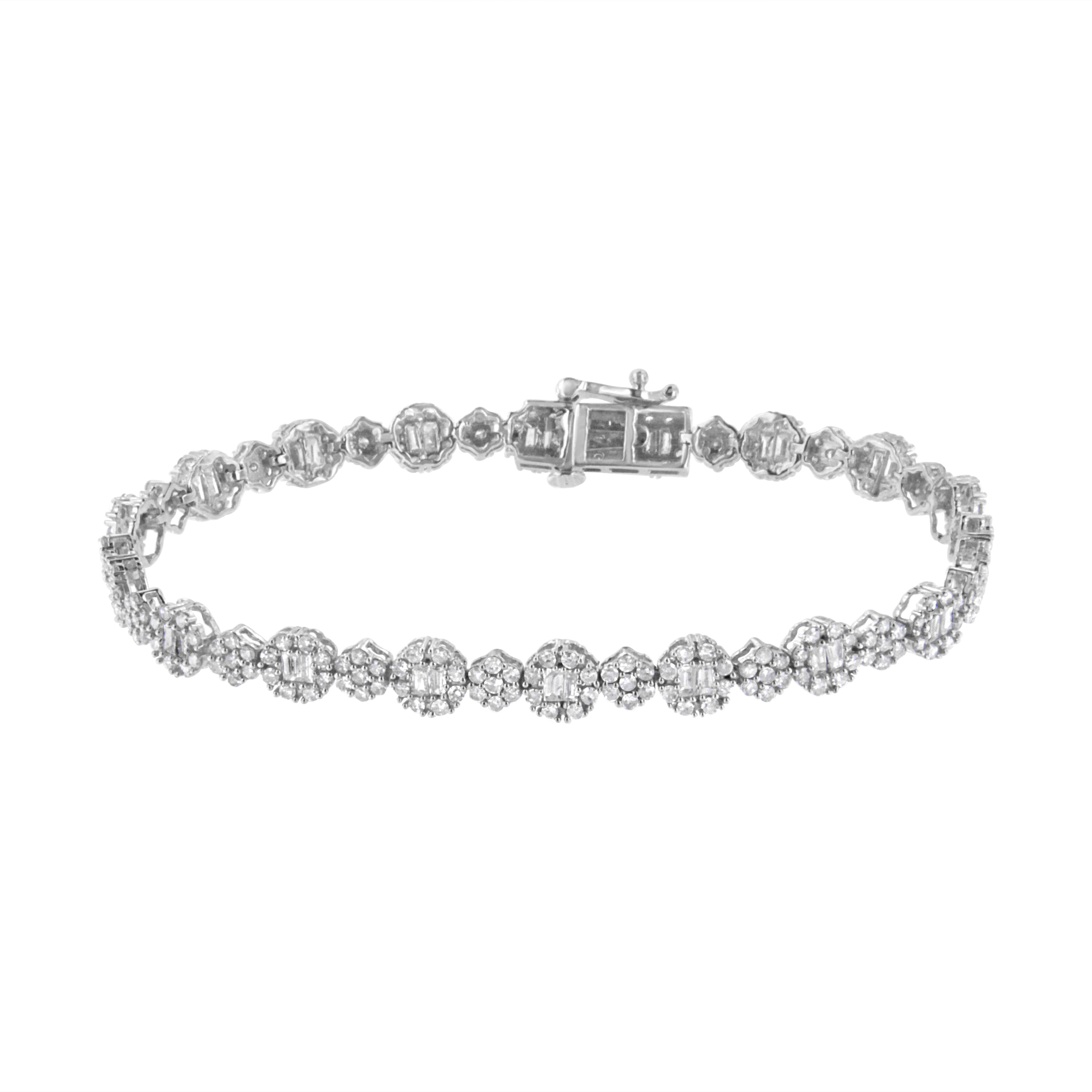 Add a little sparkle to your outfit with this 10k white gold bracelet that features 4 carats of natural diamonds. 306 color treated diamonds dazzle in this link bracelet design. Baguette cut diamonds sit at the heart of a round cut diamond halo and