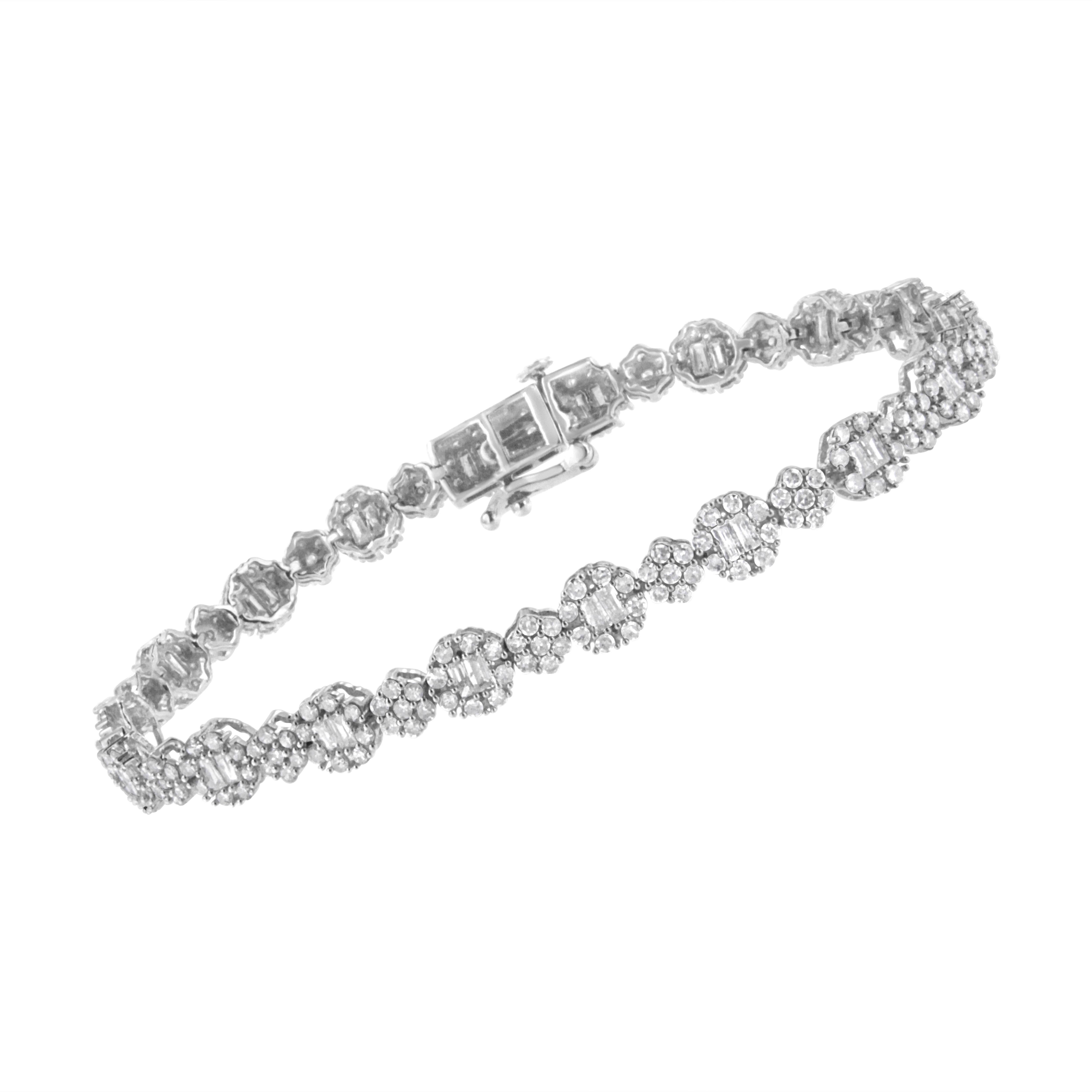 Contemporary White Gold 4.0 Carat Round-Cut and Baguette Diamond Floral Cluster Link Bracelet For Sale