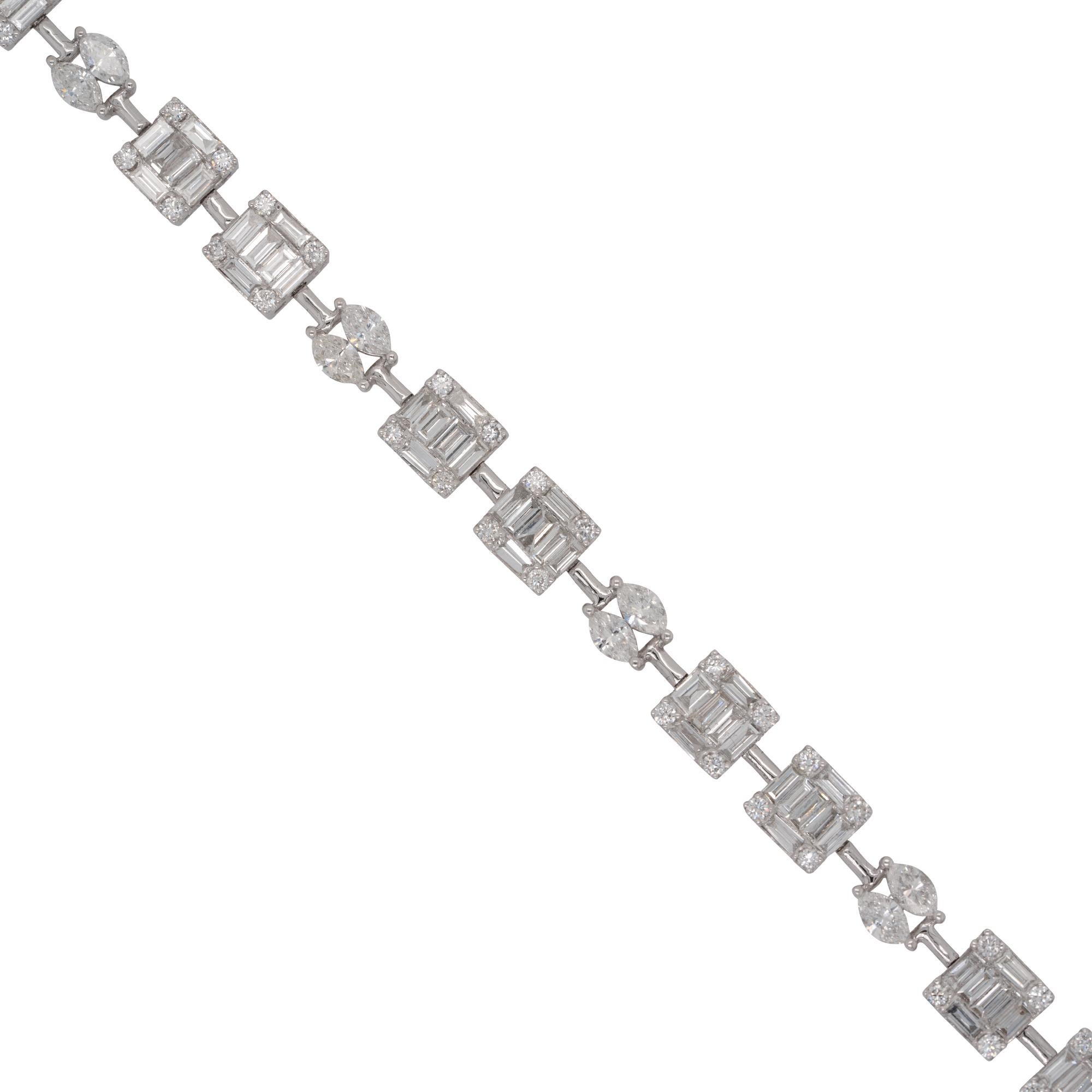 Material: 18k white gold
Diamond Details: Approx. 4.2ctw of round & baguette cut Diamonds. Diamonds are G/H in color and VS in clarity
Bracelet Measurements: 7 inches in length
Total Weight: 11g (7.1dwt)
Additional Details: This item comes with a