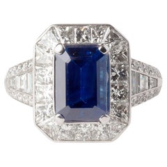 White Gold 4.26ct Emerald Cut Sapphire 
Diamond Vintage Ring