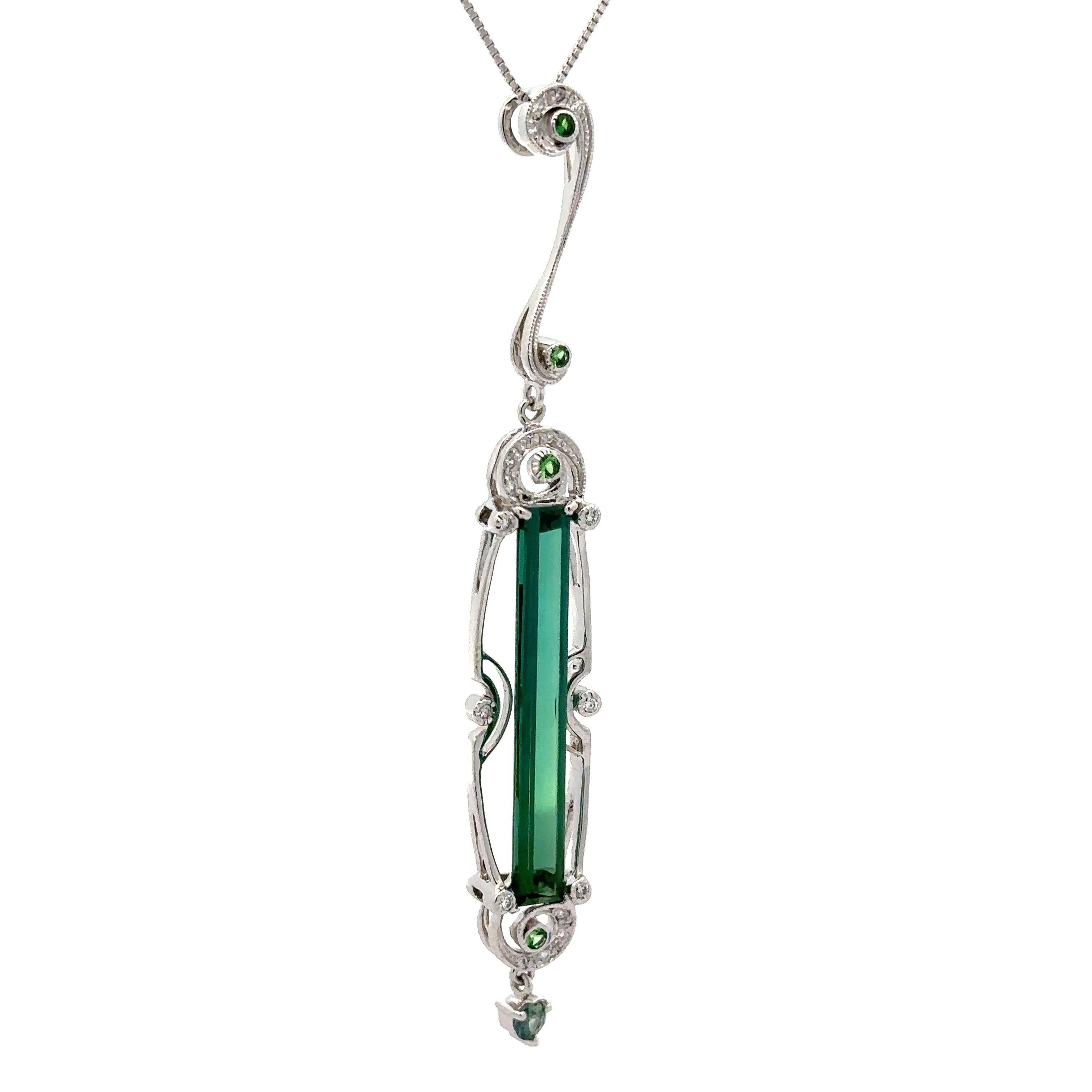 White Gold 4.43ctw Long Tourmaline Tsavorite Sapphire & Diamond Pendant Necklace For Sale 5