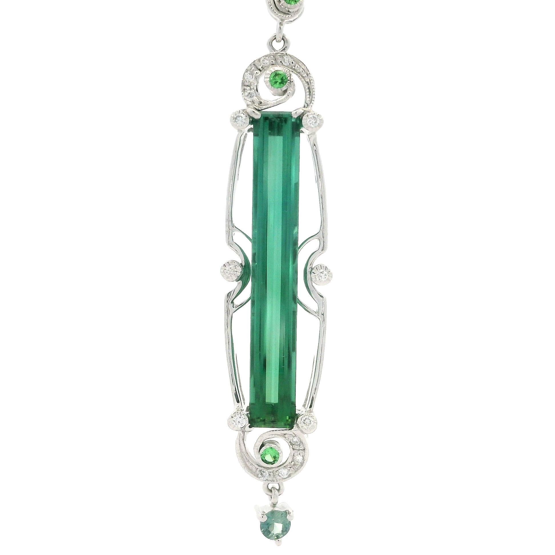 Brilliant Cut White Gold 4.43ctw Long Tourmaline Tsavorite Sapphire & Diamond Pendant Necklace For Sale
