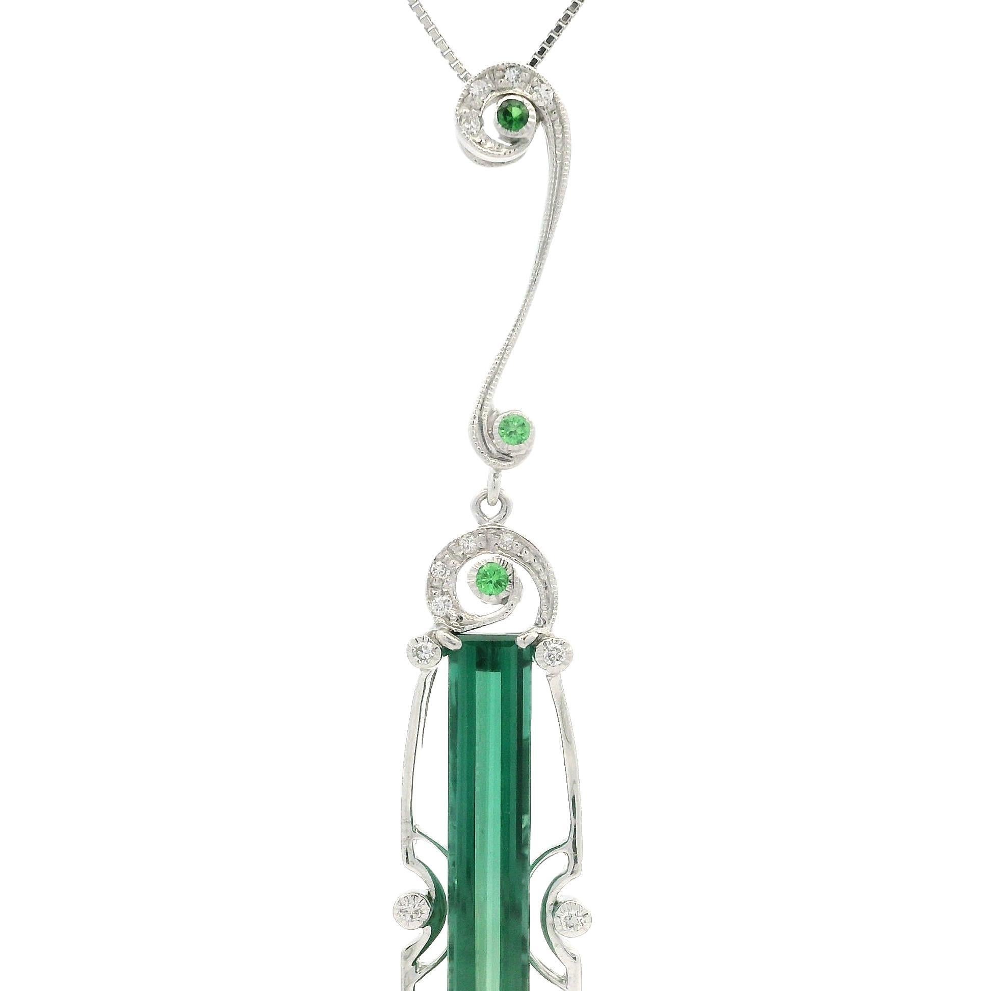 White Gold 4.43ctw Long Tourmaline Tsavorite Sapphire & Diamond Pendant Necklace In Excellent Condition For Sale In Montclair, NJ