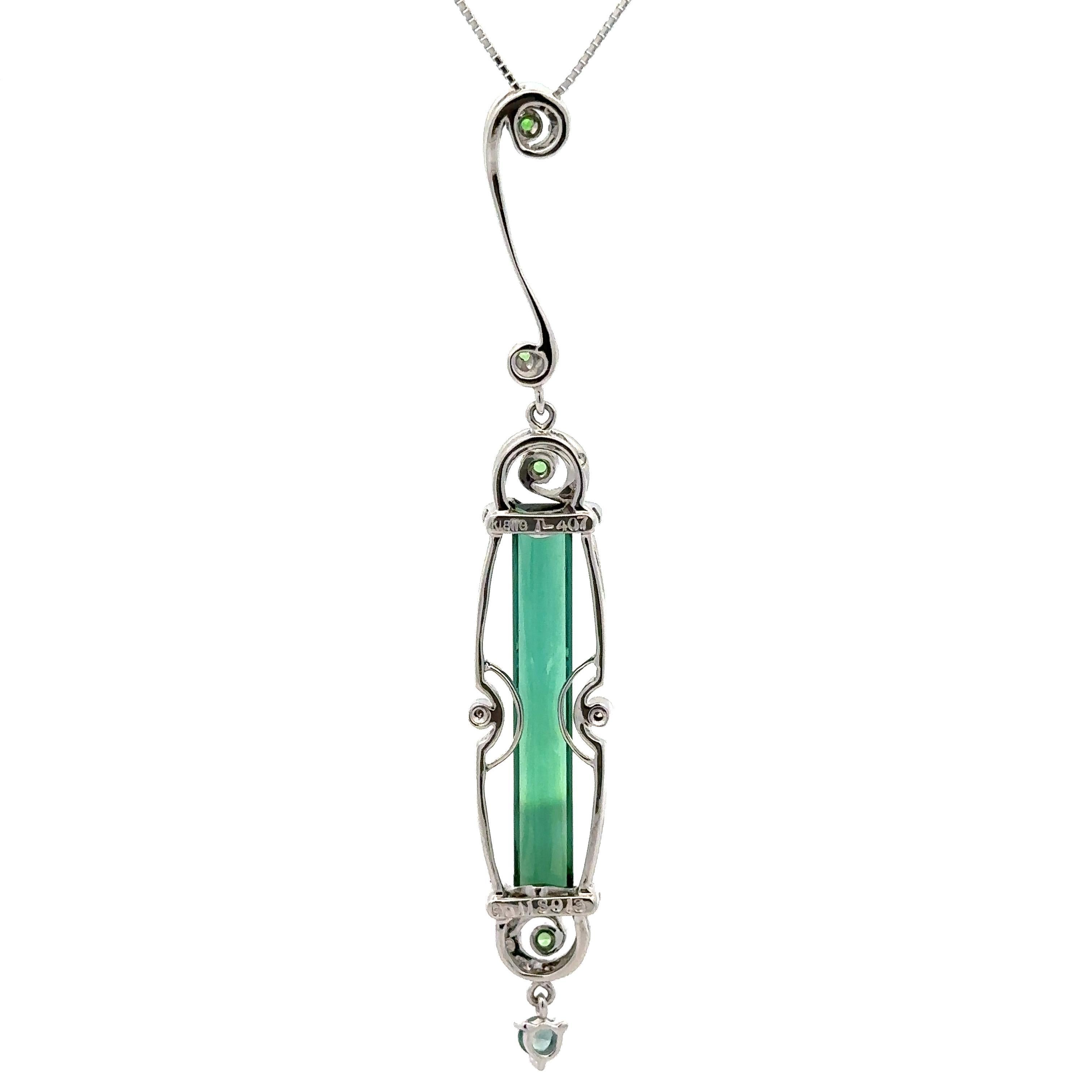 Women's White Gold 4.43ctw Long Tourmaline Tsavorite Sapphire & Diamond Pendant Necklace For Sale