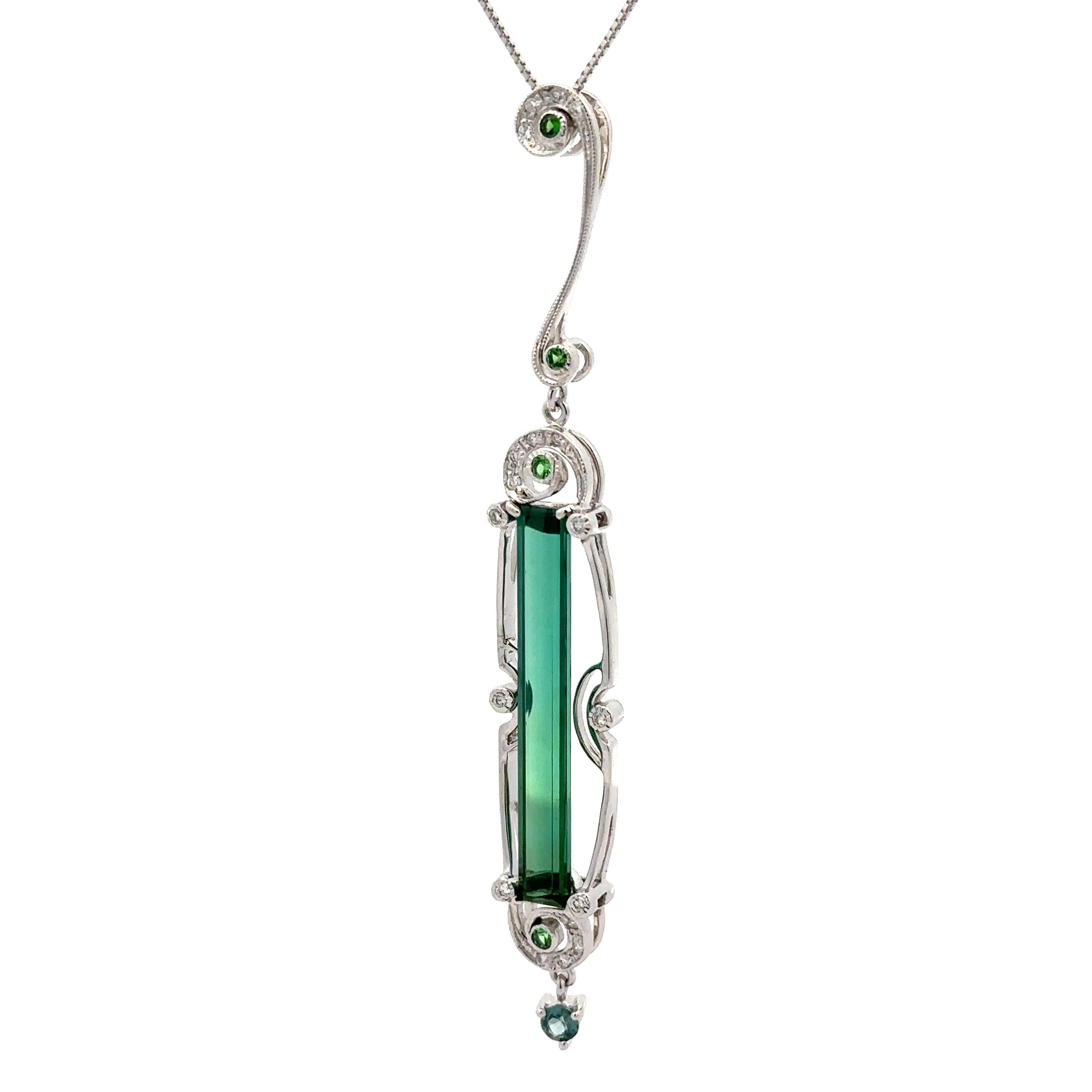 White Gold 4.43ctw Long Tourmaline Tsavorite Sapphire & Diamond Pendant Necklace For Sale 2