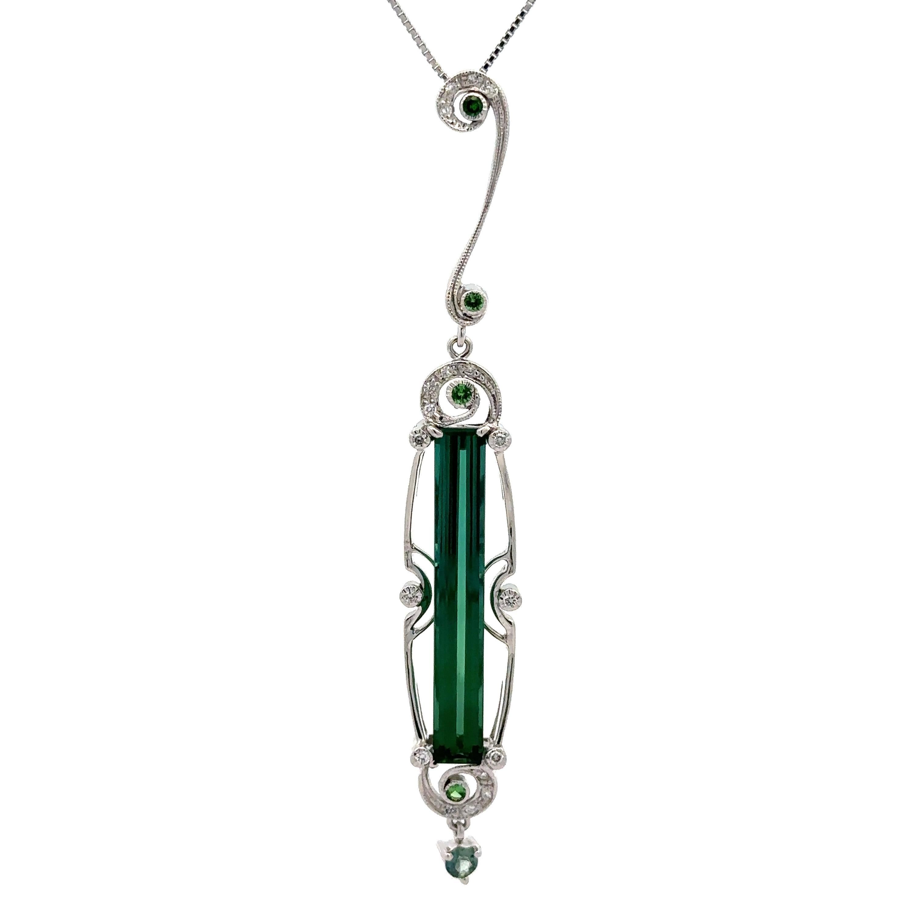 White Gold 4.43ctw Long Tourmaline Tsavorite Sapphire & Diamond Pendant Necklace For Sale 3