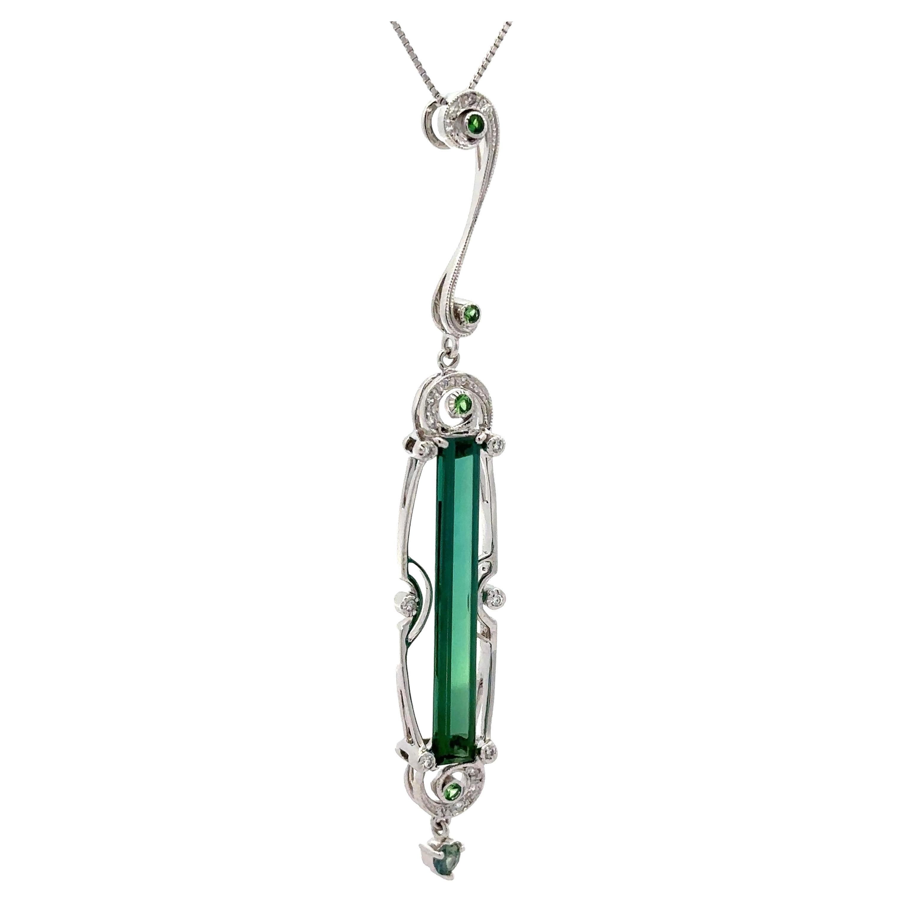 White Gold 4.43ctw Long Tourmaline Tsavorite Sapphire & Diamond Pendant Necklace For Sale