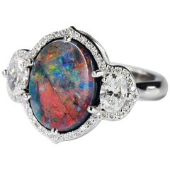 White Gold 4.63 Carat Oval Black Opal Halo Ring Oval and Round Diamond Accents