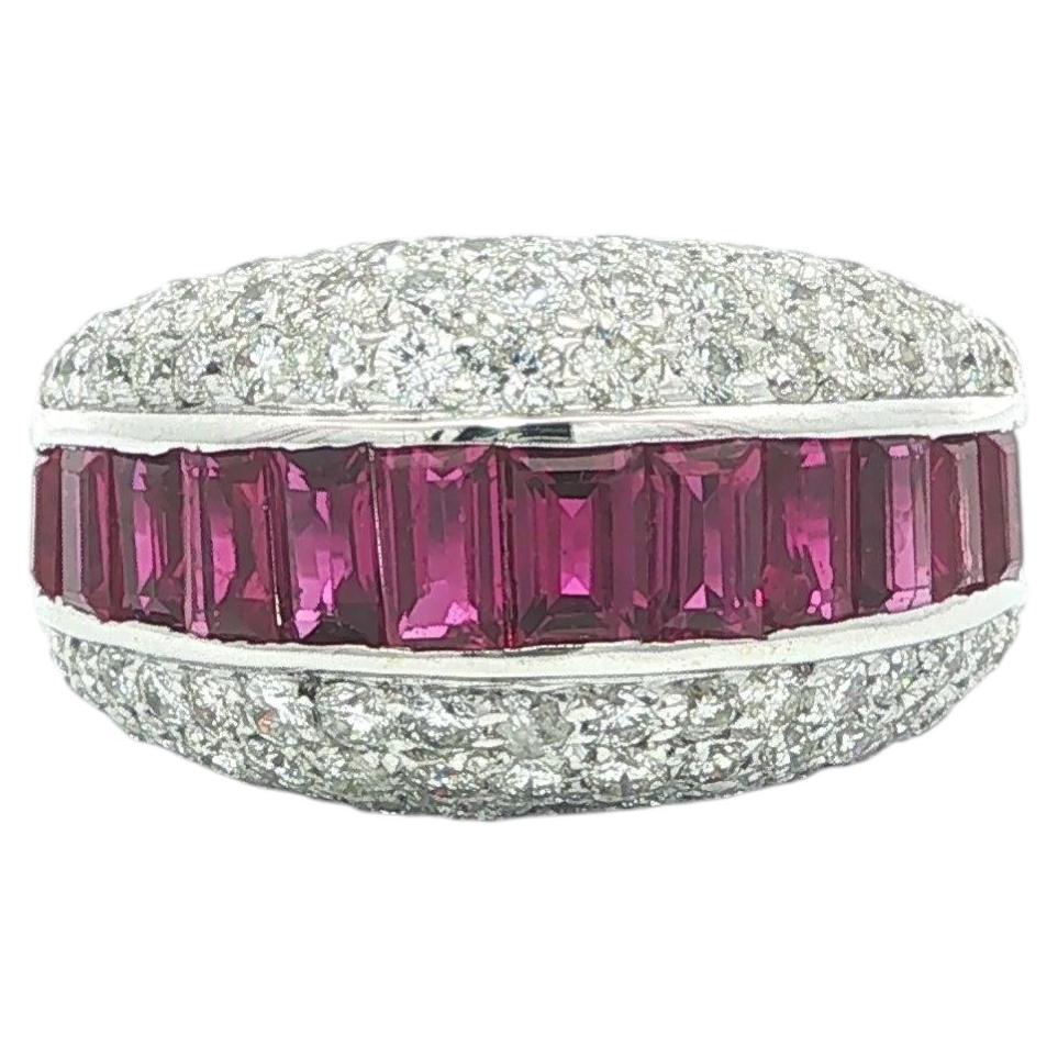 White Gold 5.25ctw Baguette Natural Ruby and Pave Diamond Domed Wide Band Ring
