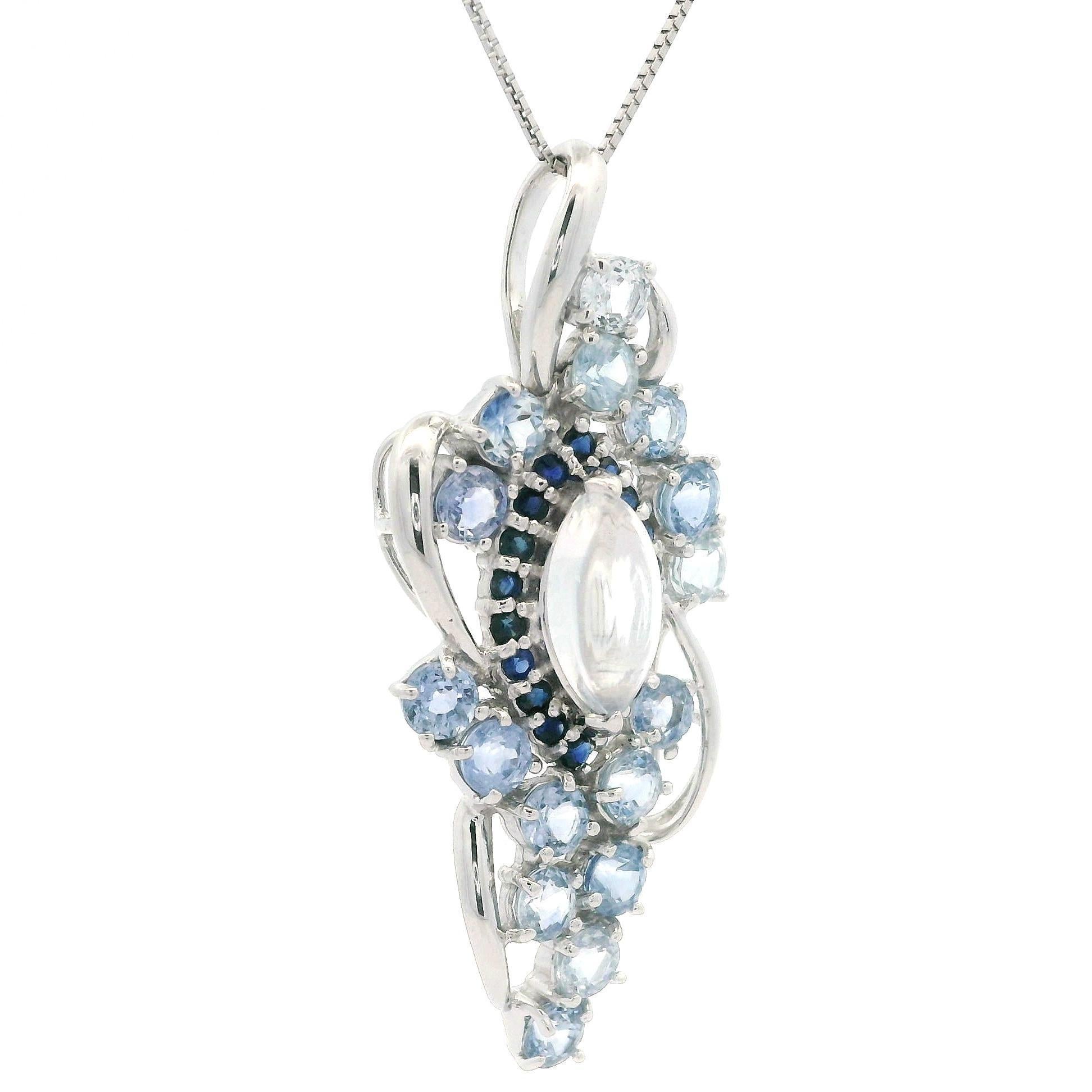 White Gold 5.31ctw Moonstone Light Blue Sapphire Pendant Adjustable Necklace For Sale 5