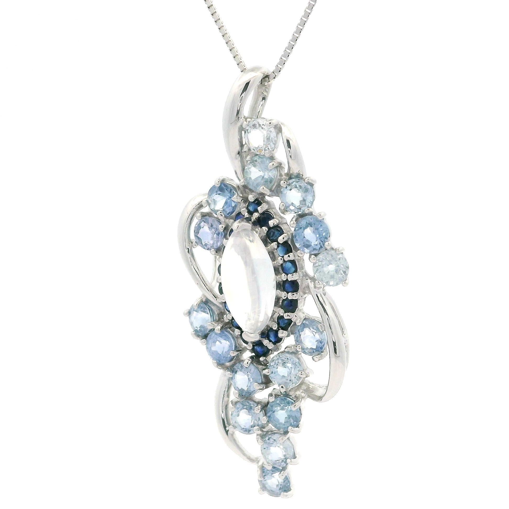 White Gold 5.31ctw Moonstone Light Blue Sapphire Pendant Adjustable Necklace For Sale 6