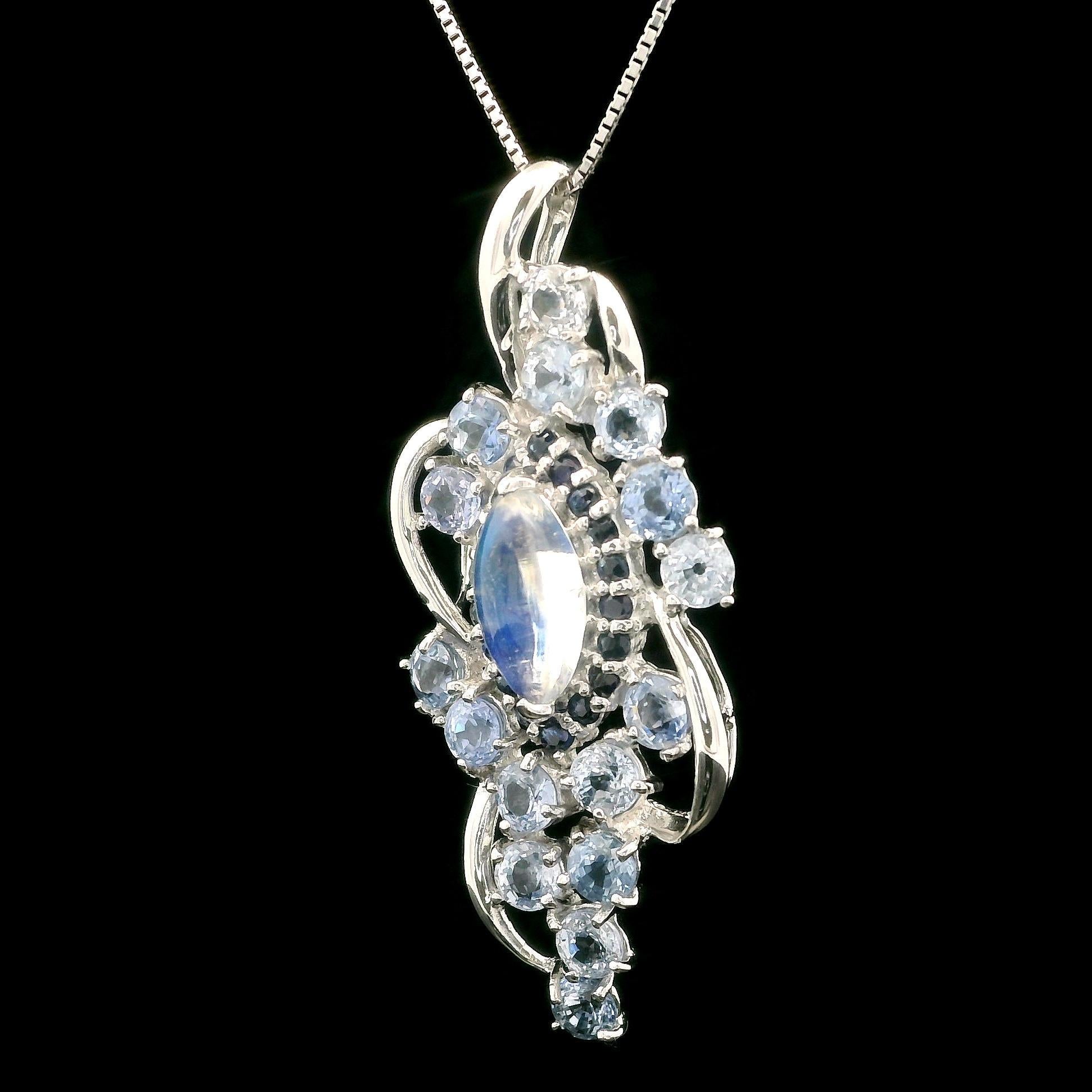 White Gold 5.31ctw Moonstone Light Blue Sapphire Pendant Adjustable Necklace For Sale 8