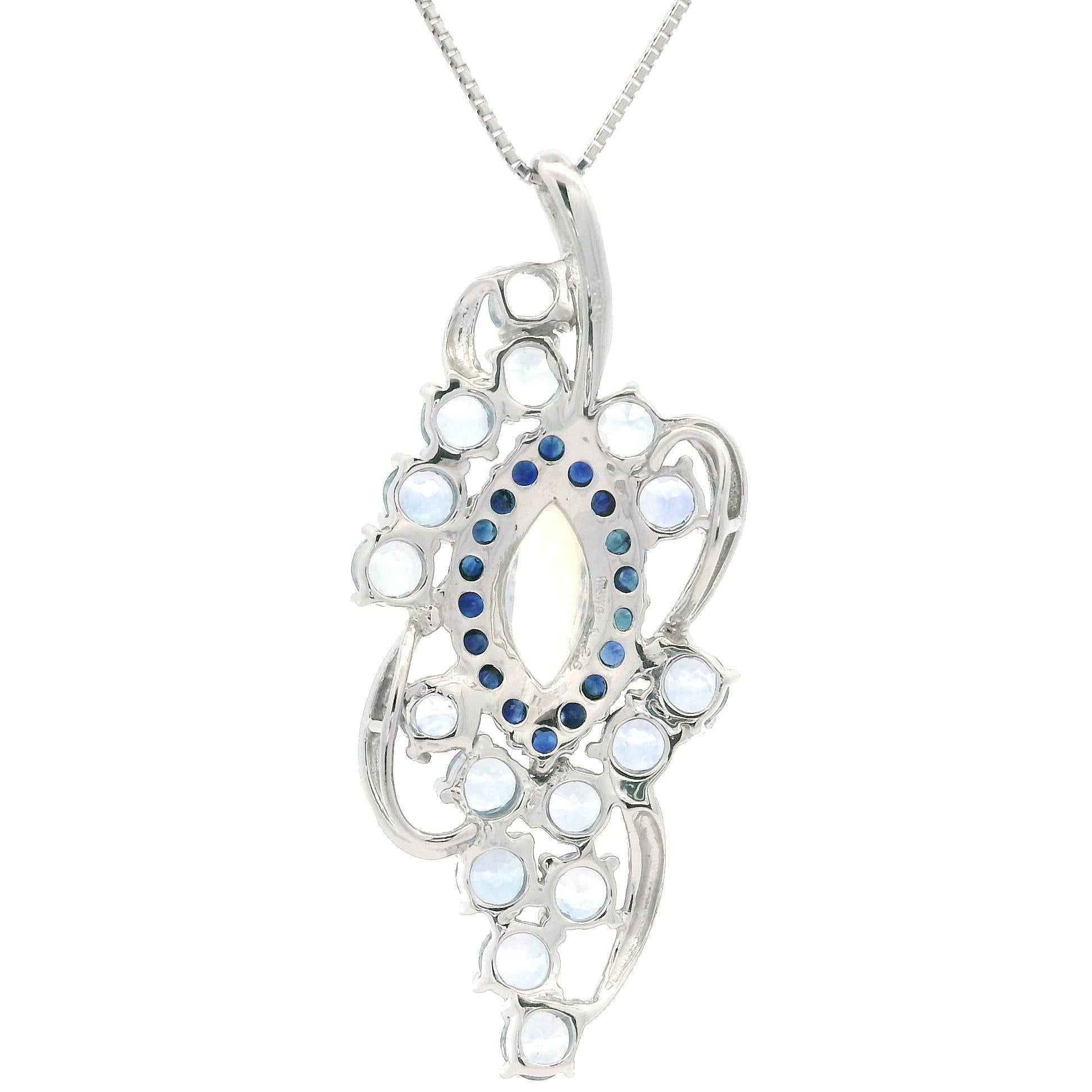 Women's White Gold 5.31ctw Moonstone Light Blue Sapphire Pendant Adjustable Necklace For Sale