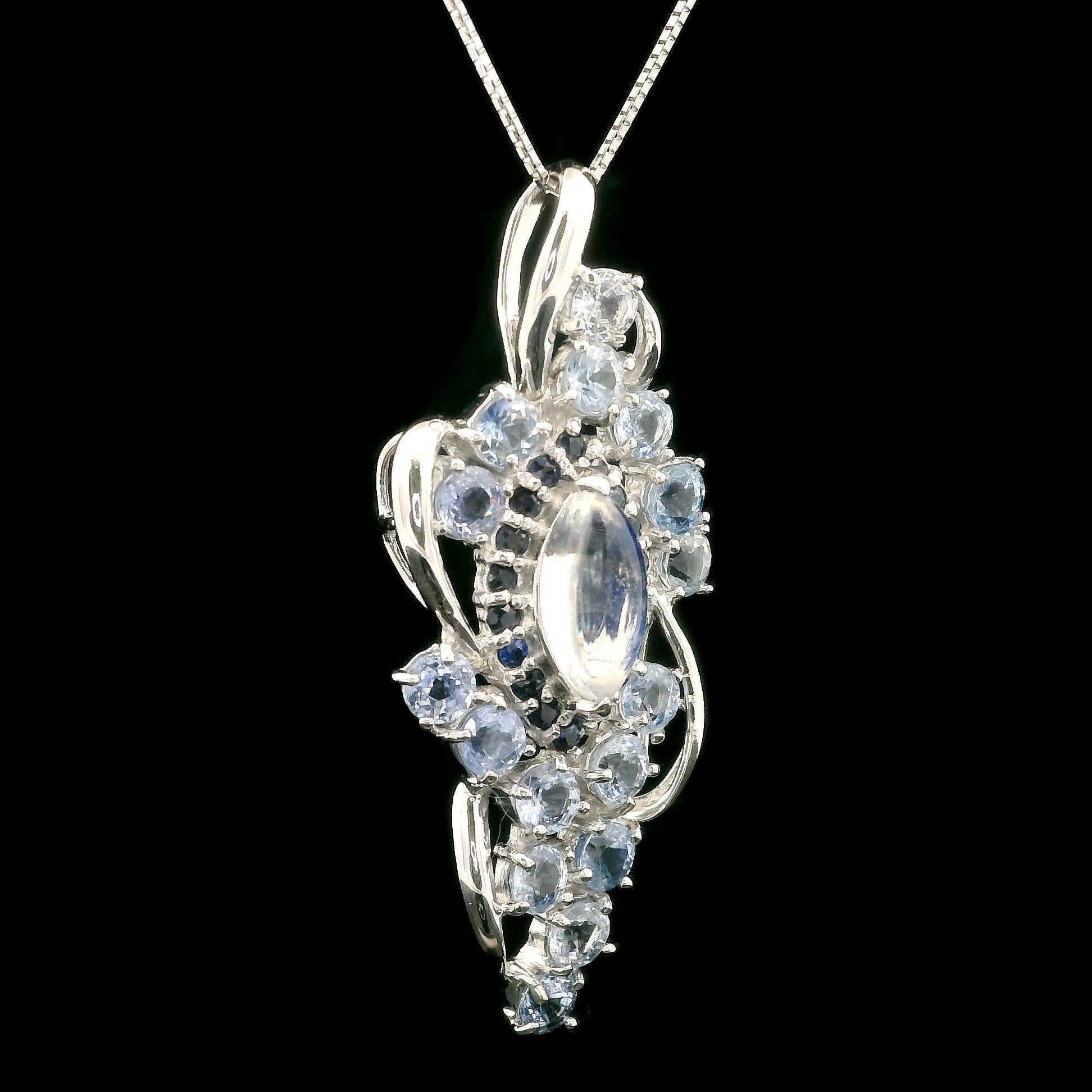White Gold 5.31ctw Moonstone Light Blue Sapphire Pendant Adjustable Necklace For Sale 1