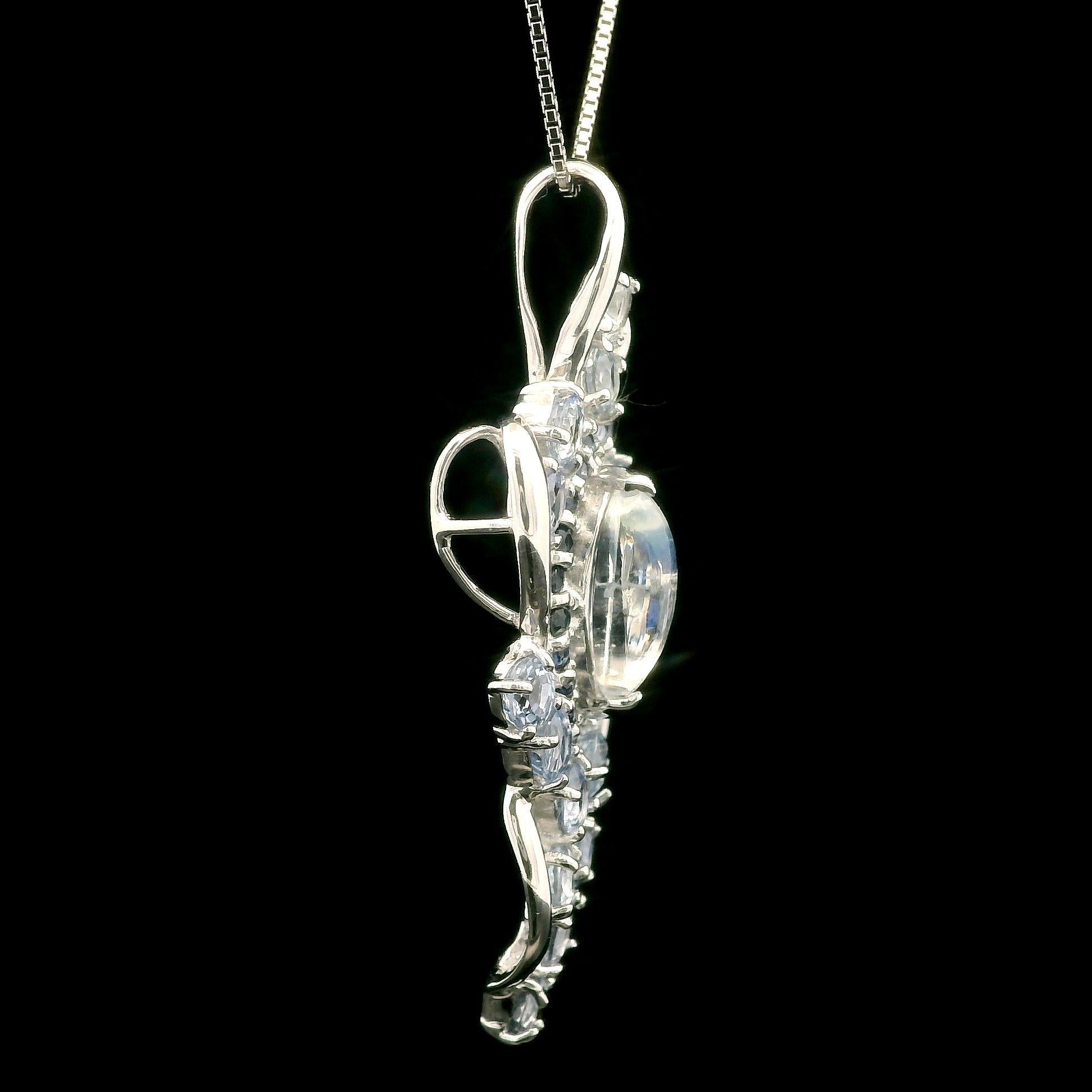 White Gold 5.31ctw Moonstone Light Blue Sapphire Pendant Adjustable Necklace For Sale 3