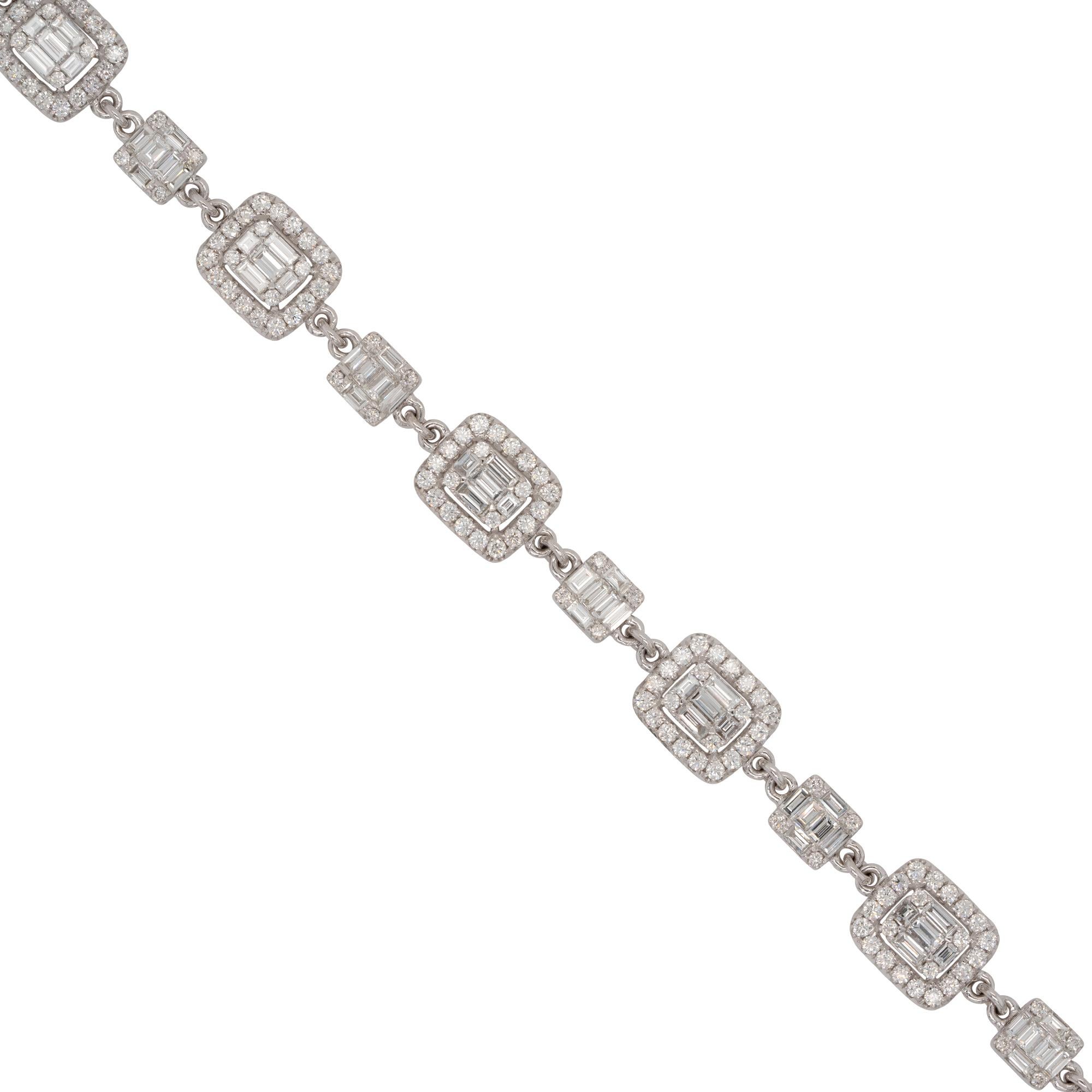 Material: 18k white gold
Diamond Details: Approx. 5.38ctw diamond baguette/round . Diamonds are G/H in color and VS in clarity
Bracelet Measurements: 7 inches in length
Total Weight: 16.5g (10.6dwt)
Additional Details: This item comes with a