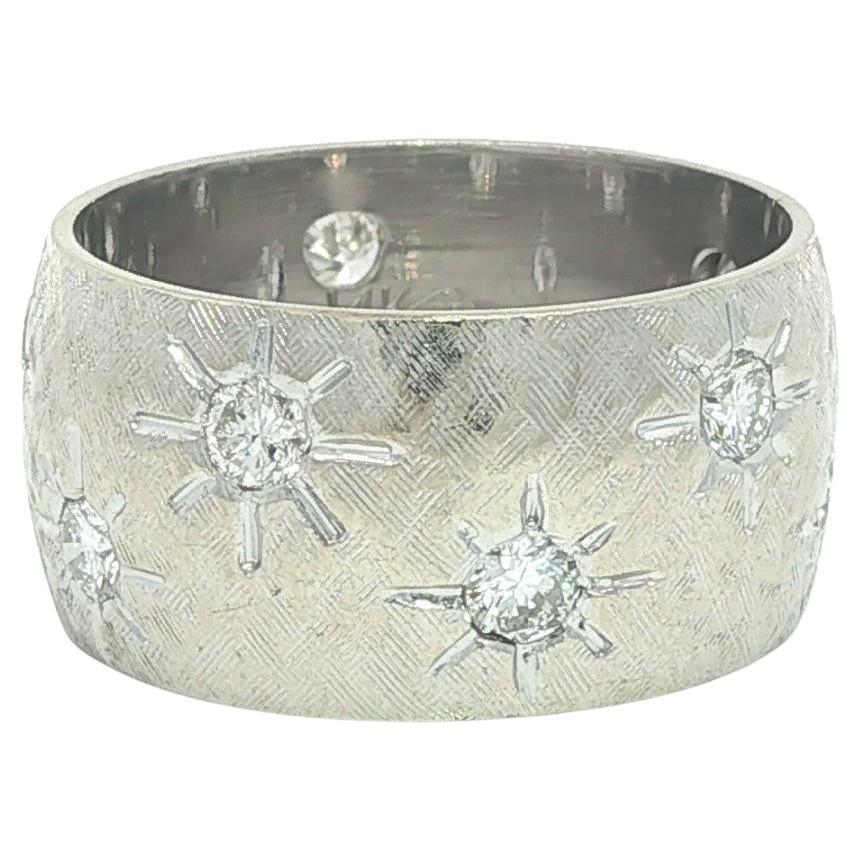 White Gold .60ctw Hand Set Star Pave Diamond Wide Florentine Eternity Band Ring For Sale
