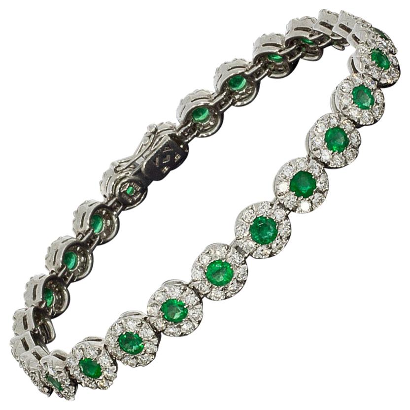 White Gold 7.13 Carat Round Cut Emerald and Diamond Tennis Bracelets