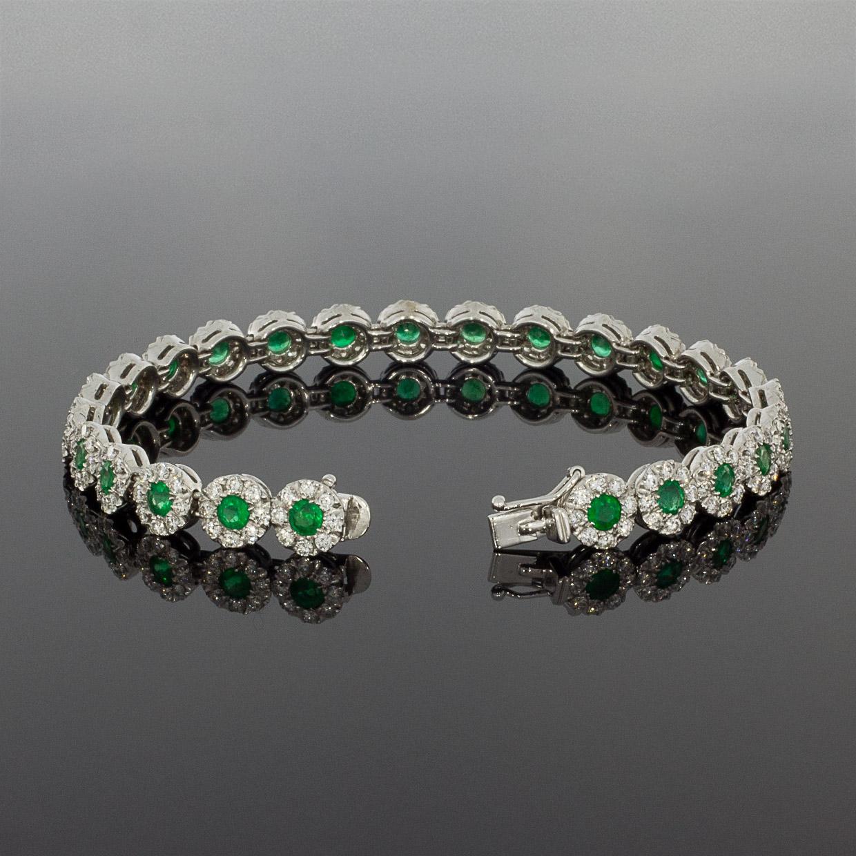 White Gold 7.13 Carat Round Cut Emerald and Diamond Tennis Bracelets In Excellent Condition In Columbia, MO