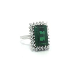 White Gold 7.15ctw Rectangular Step Cut Green Tourmaline w/ Diamond Halo Ring