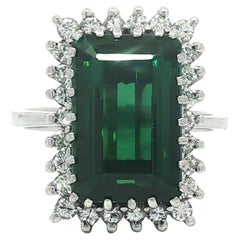 White Gold 7.15ctw Rectangular Step Cut Green Tourmaline w/ Diamond Halo Ring