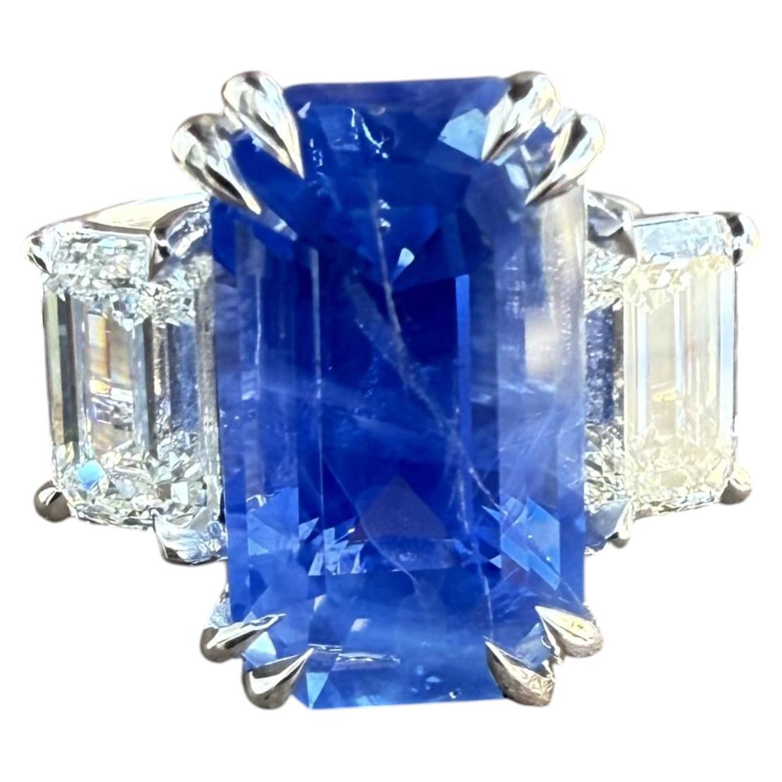 White Gold 7.16ctw GIA No Heat Ceylon Long Emerald Cut Sapphire & Diamond Ring