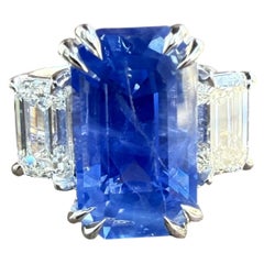 White Gold 7.16ctw GIA No Heat Ceylon Long Emerald Cut Sapphire & Diamond Ring