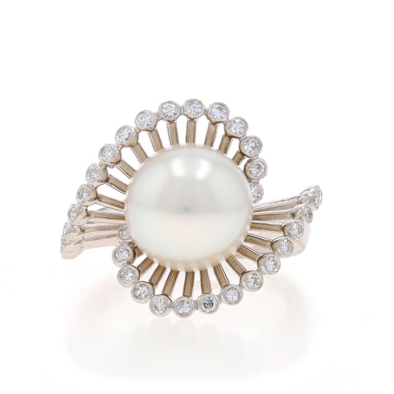 White Gold Akoya Pearl & Diamond Bypass Ring - 14k 0.32ctw Wave Swirl