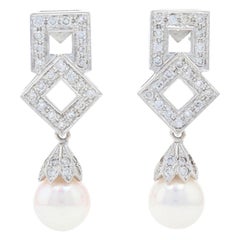 White Gold Akoya Pearl and Diamond Dangle Earrings, 18k Round Cut .60ctw Pierced