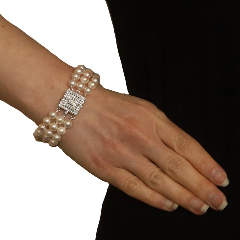 Bead White Gold Akoya Pearl & Diamond Knotted Triple Strand Bracelet 8 1/4