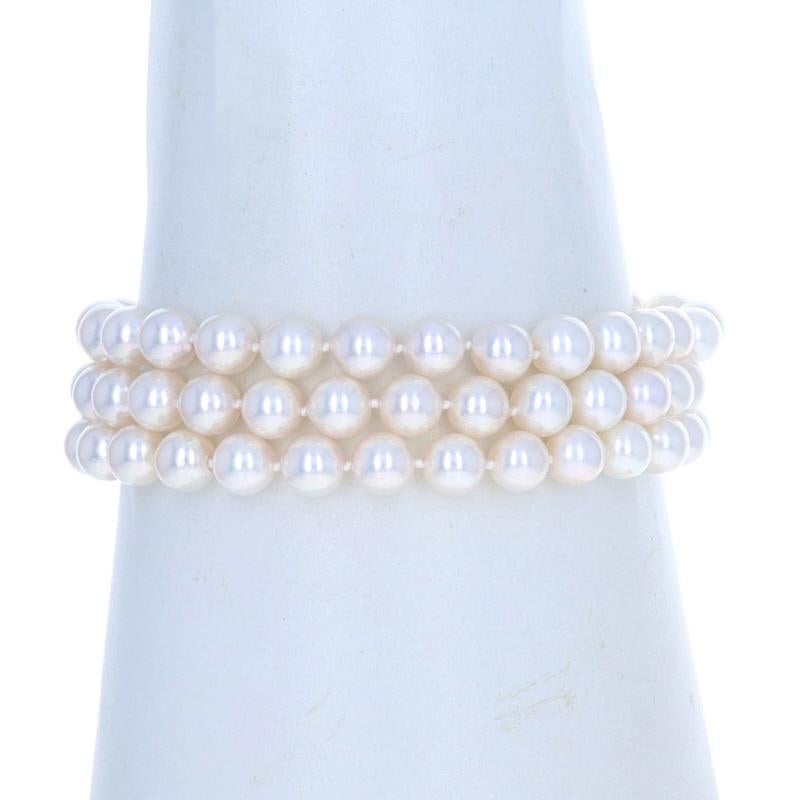 Women's White Gold Akoya Pearl & Diamond Knotted Triple Strand Bracelet 8 1/4