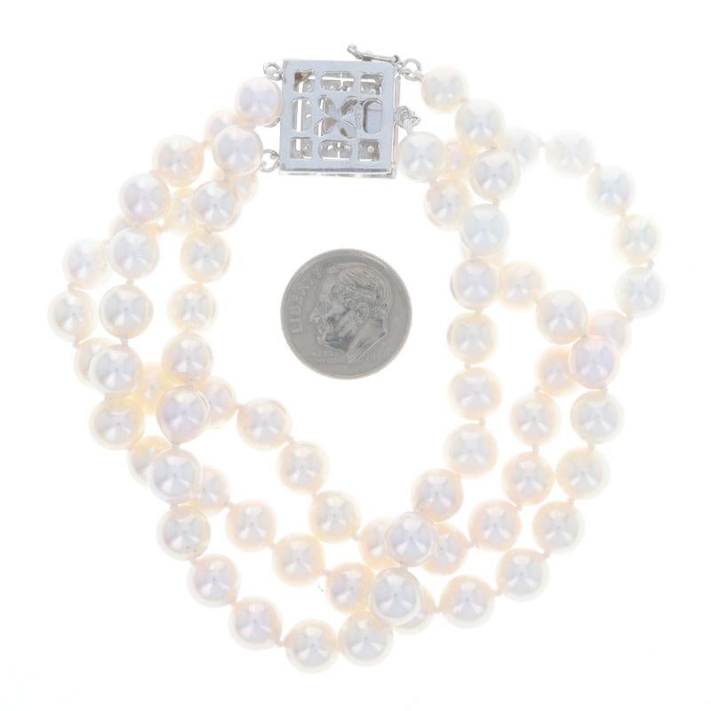 Weißgold Akoya Perle & Diamant geknotetes dreireihiges Armband 8 1/4