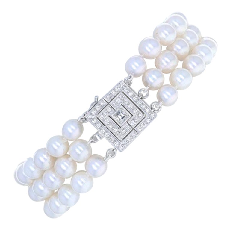 Weißgold Akoya Perle & Diamant geknotetes dreireihiges Armband 8 1/4" 14k.80ctw