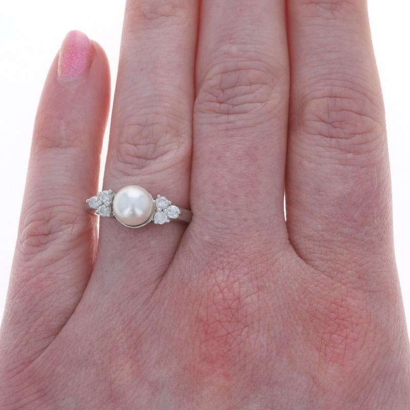 Bead White Gold Akoya Pearl Diamond Ring - 14k .30ctw For Sale