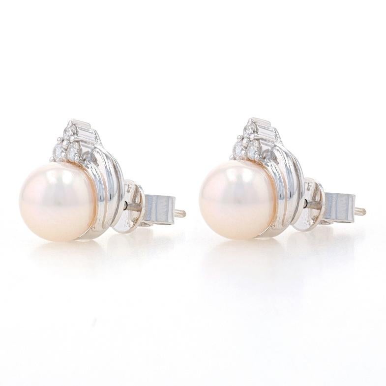 Round Cut White Gold Akoya Pearl & Diamond Stud Earrings - 14k Round .18ctw Pierced For Sale