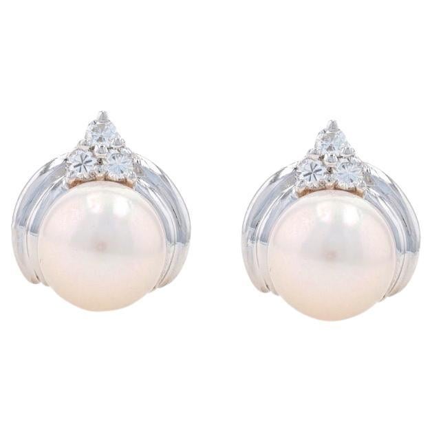 White Gold Akoya Pearl & Diamond Stud Earrings - 14k Round .18ctw Pierced