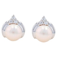 White Gold Akoya Pearl & Diamond Stud Earrings - 14k Round .18ctw Pierced